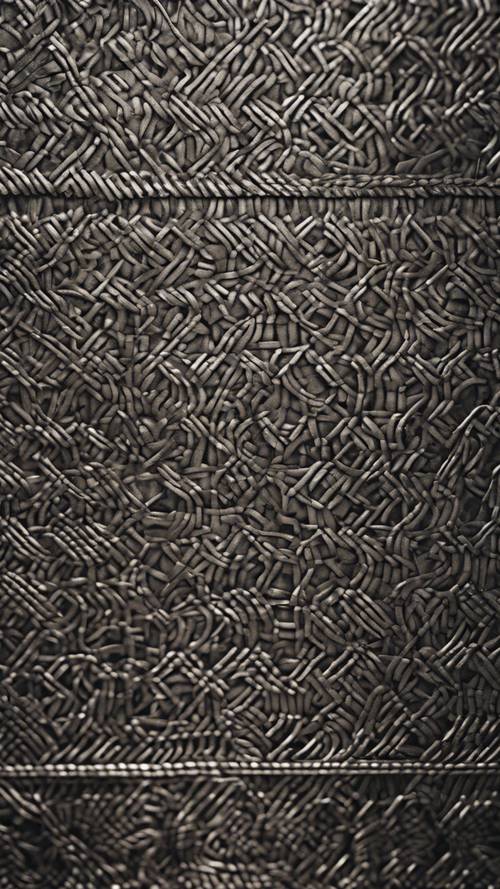 Un primer plano de un patrón geométrico oscuro intrincadamente tejido grabado sobre una superficie de acero.