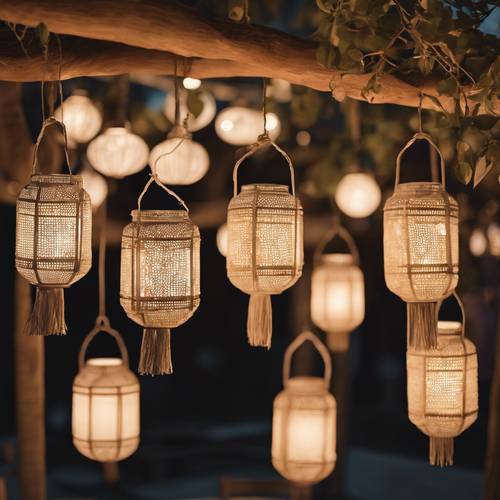 A cluster of lanterns hanging above a beige boho outdoor dining setting at dusk Wallpaper [a7acf05b3daa46babff3]