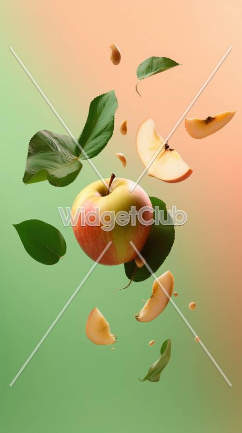 Pływające jabłko i plasterki z kolorowym tłem
