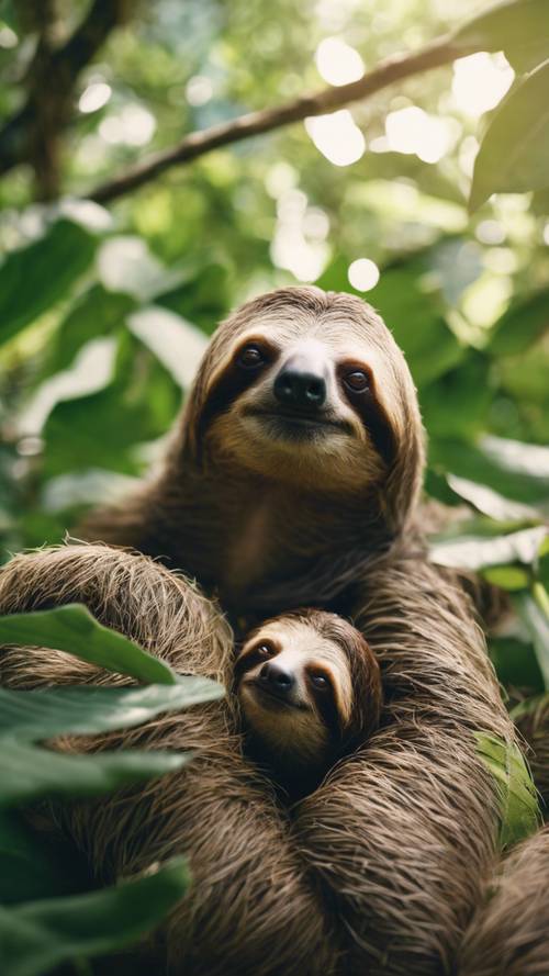 A sloth and her offspring napping in the comforting shade of lush green leaves.