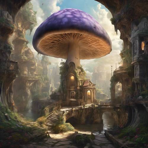 Fantasiestadt im ausgehöhlten Inneren eines riesigen Pilzes.
