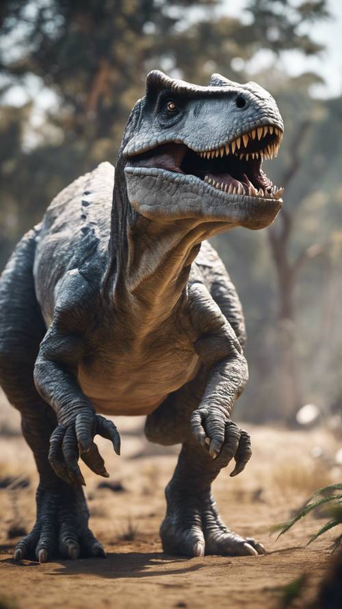 ديناصور رمادي شرس يقف حارسًا على أراضيه تحت شمس الظهيرة الحارقة.