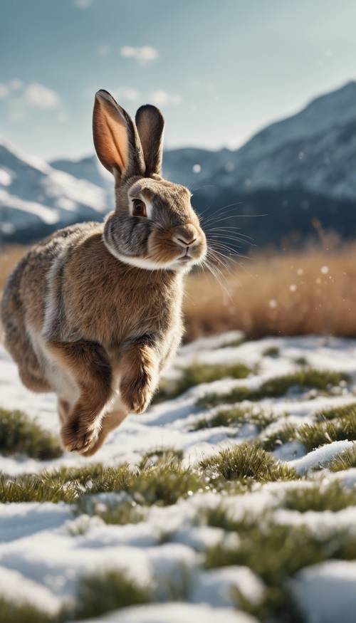这是一幅精美细致的图像，一只兔子在田野中全速奔跑，背景是白雪皑皑的山峰。