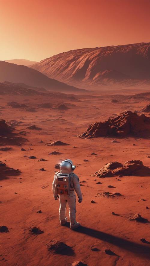 Uzak gelecekte yeni kolonileştirilmiş bir Mars&#39;ın manzarasını keşfeden bir astronot, pas kırmızısı gökyüzünün altında görülmesi gereken bir manzara.
