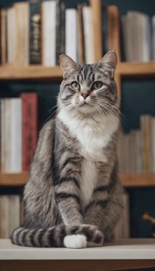 A majestic grey striped cat sitting proudly on top of a bookshelf. Tapet [bac56ba484ad469aaa49]