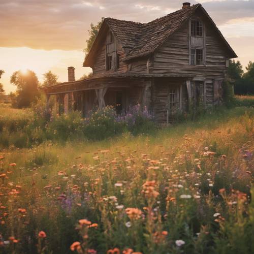 Ein altes, rustikales Bauernhaus, eingebettet in eine friedliche Landschaft voller Wildblumen unter dem warmen Abendhimmel, das ein Gefühl friedlicher Nostalgie hervorruft.
