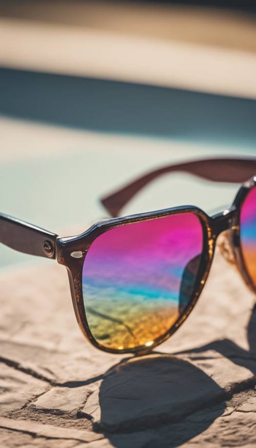 Retro 80's style sunglasses with rainbow-tinted lenses shining under the sunlight