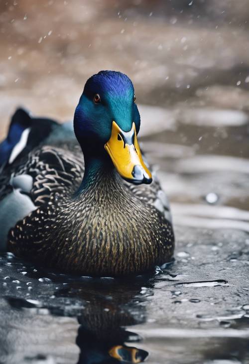 Un pato azul adulto visto de cerca, con gotas de agua en sus plumas.