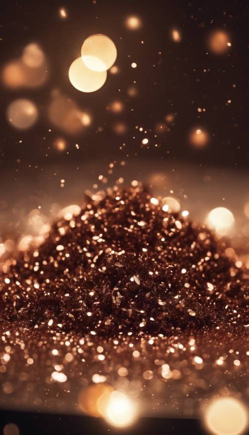 Una imagen ampliada de purpurina marrón chocolate brillando bajo un foco.