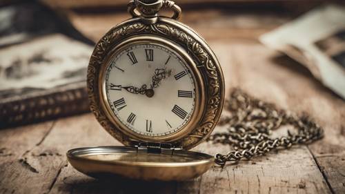 שעון כיס עתיק המראה את השעה 9:15, מוקף בצילומי וינטג&#39; דהויים על שולחן עץ, היוצרים תחושה נוסטלגית.