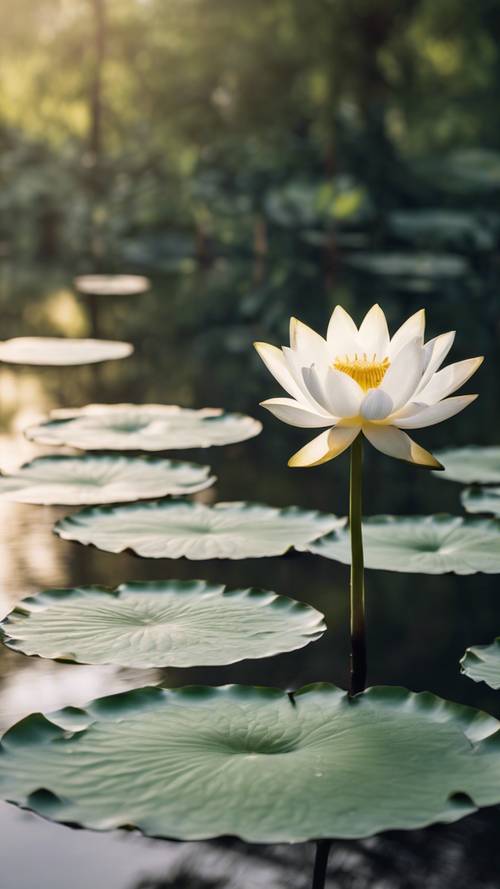 一朵孤立的白莲花盛开在一片僻静的池塘里，池塘里长满了睡莲。