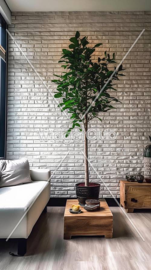 Mur de briques élégant avec arbre dans une pièce moderne