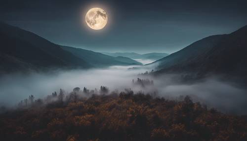 A valley filled with thick, spooky fog underneath a mysterious full moon night.
