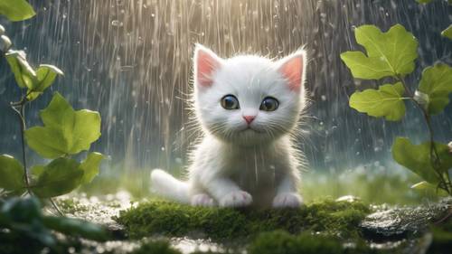 A charming children's book illustration of a white kitten, trembling under a leaf as it experiences its first rainstorm.