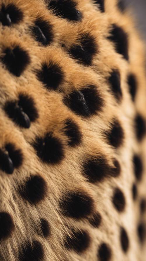 Nahaufnahme des Fells eines Geparden. Die detaillierte Ansicht der mit goldenen Farbtönen vermischten schwarzen Flecken ist zu sehen.