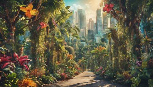 A colourful mural painting of a thriving jungle landscape in the middle of a city. Tapet [40b488f3f8864b17a5b6]