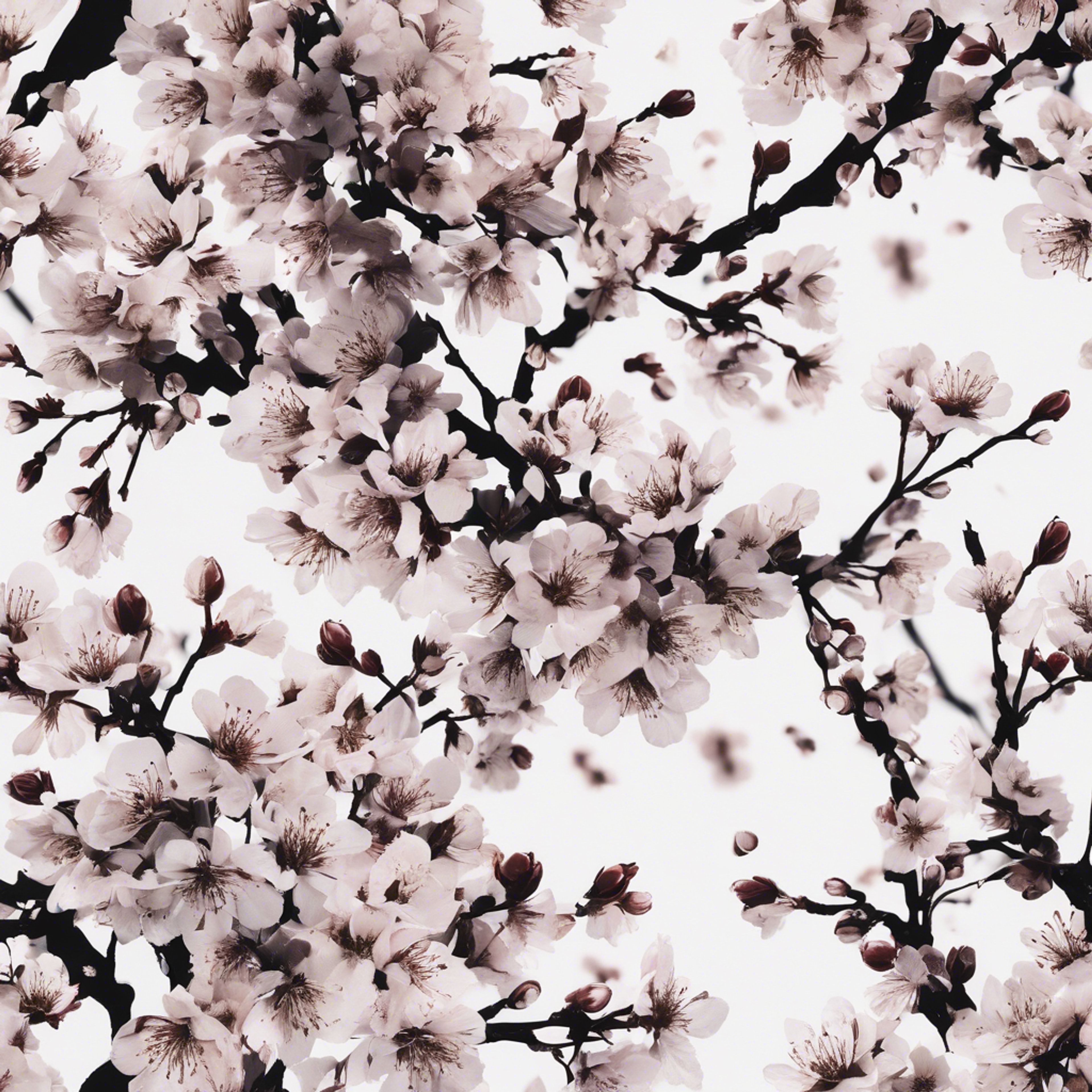 Black silhouettes of cherry blossoms strewn on a seamless white fabric pattern.壁紙[c0249a9a759e41bf8f01]