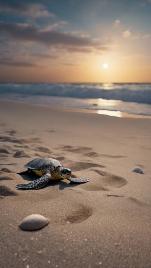 Una escena de playa con tortugas marinas arrastrándose por la orilla arenosa para desovar bajo la luz de la luna.