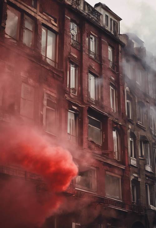 Yanan bir binanın penceresinden yoğun kırmızı duman çıkıyor.