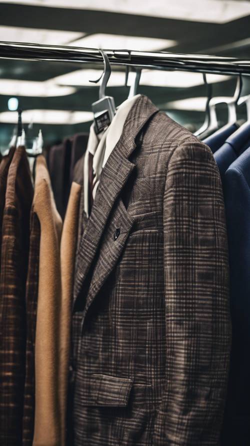 Dark plaid business suit hanging on the rack in a plush department store.