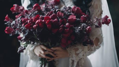 A Gothic bride holding a dark bouquet of bleeding heart flowers.