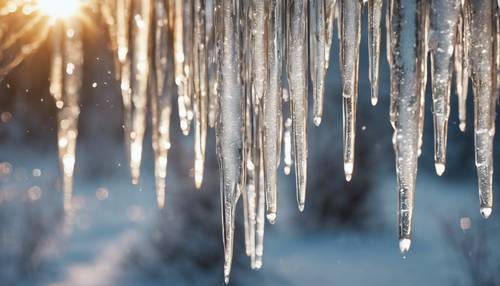 A magical scene of icicles glistening in the winter sun.