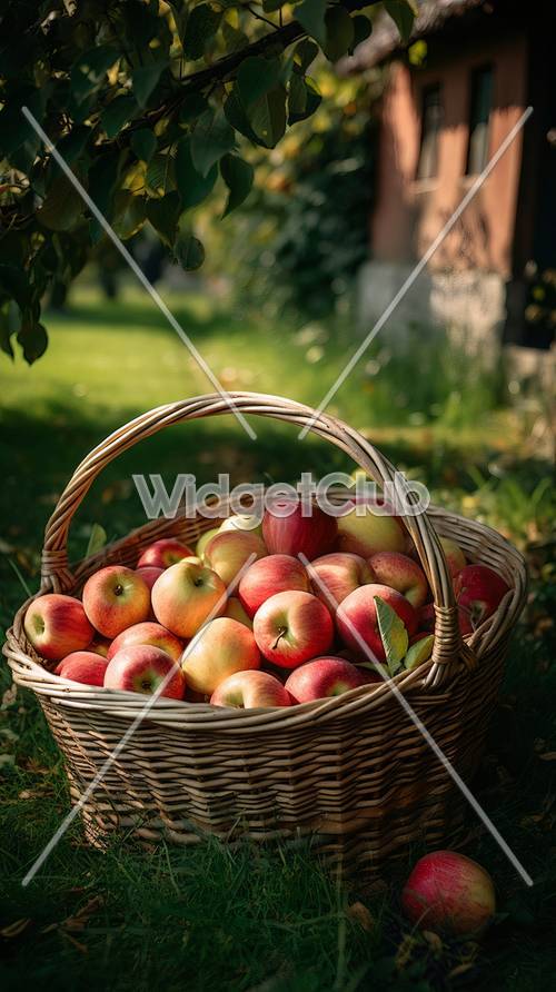 ตะกร้าแอปเปิ้ลที่สวยงามในสวนแสงแดด