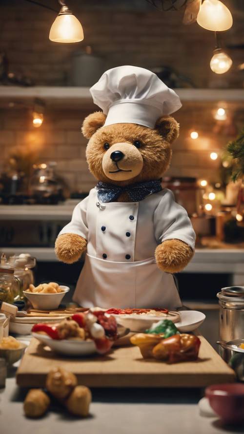 クマのぬいぐるみシェフが賑やかなおもちゃキッチンでお祭り料理を準備しています