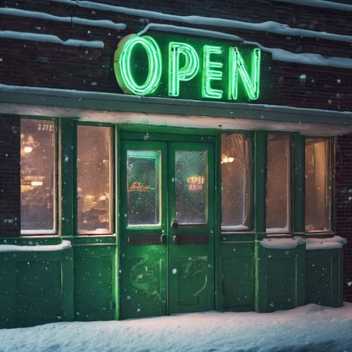 A green neon sign saying 'Open' in a retro diner window, the street outside reflecting its light while it's gently snowing.