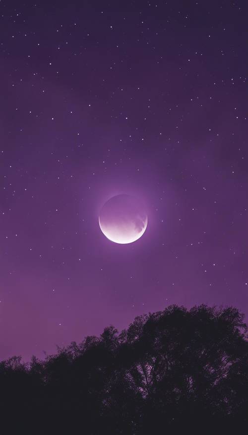 Pemandangan gerhana terlihat di langit malam berwarna ungu.