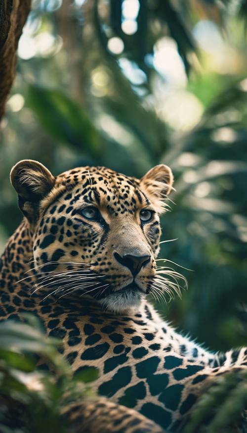 Синий леопард лениво отдыхает в теплых солнечных лучах, пробивающихся сквозь тропический полог. Обои [188aa1e5b82144a688b3]