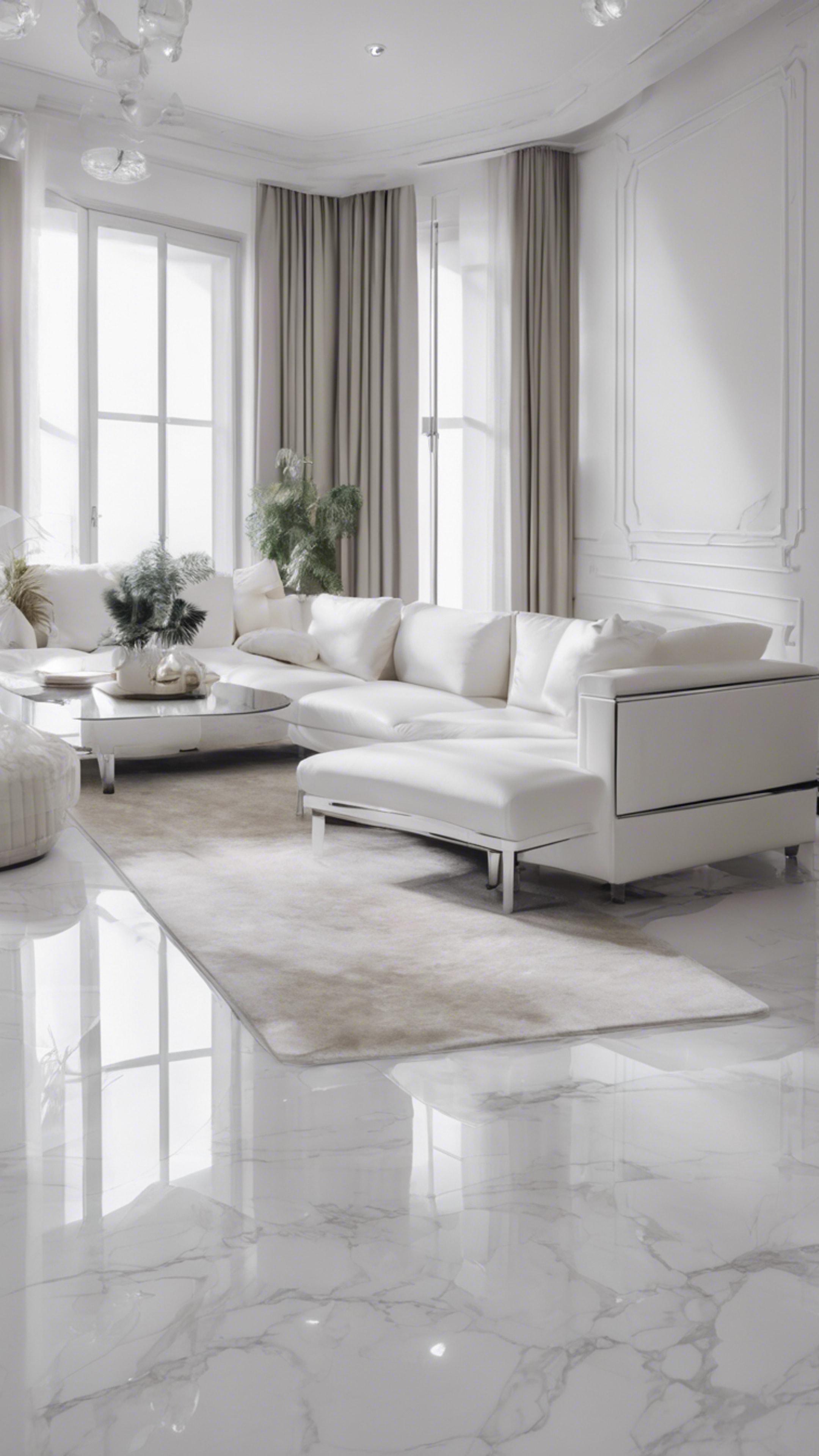 An ultra-modern minimalist interior design of a living room, with cool white walls, silver furniture and white marble floors. Тапет[0b803decb0d241b99c2a]