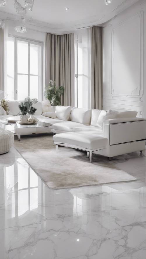 Um design interior ultramoderno e minimalista de uma sala de estar, com paredes brancas, móveis prateados e piso de mármore branco.