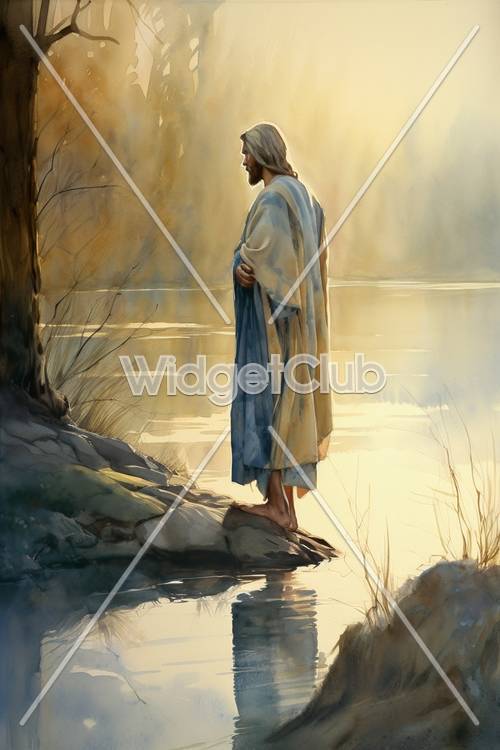 Serene Lake Scene with Peaceful Figure Standing by Water’s Edge