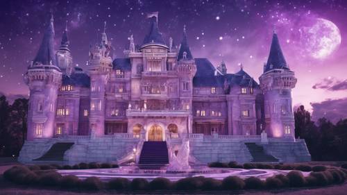 Un gran castillo construido con mármol morado y blanco que brilla bajo el cielo iluminado por las estrellas.