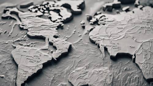 A relief map of the world in gray tones cast in Plaster of Paris.