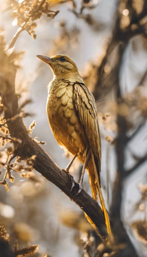 晨光中，一隻金色的鳥棲息在銀色的樹枝上的特寫鏡頭。