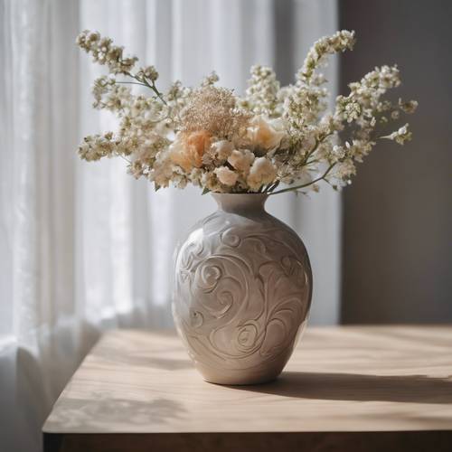 A timeless Scandinavian floral design embellishing a ceramic vase on a wooden table. Tapeta [2d144eb7d8c6465e9323]