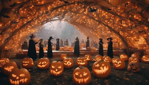 A magic school operating inside a giant floating pumpkin, with friendly ghosts and witches diligently practicing spells for the Halloween celebration. Tapet [8192d61894d341f79c98]