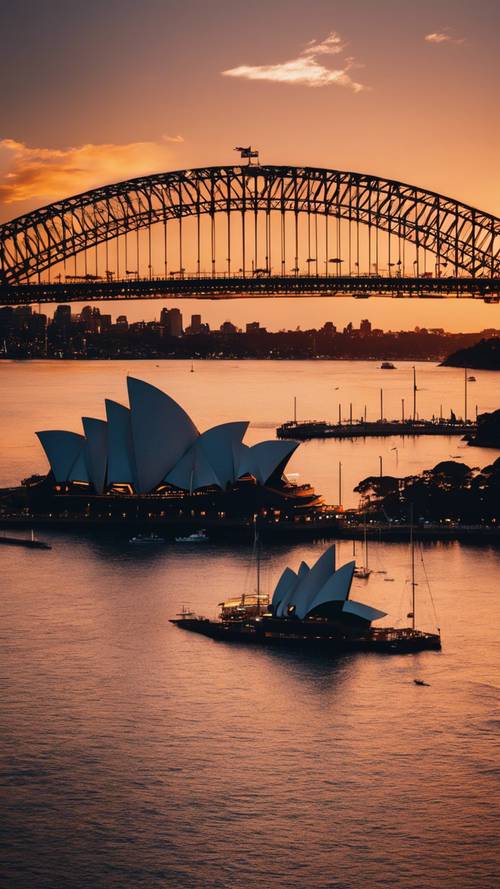 Cakrawala Sydney yang menawan menggambarkan Opera House dan Harbour Bridge yang ikonik saat matahari terbenam.