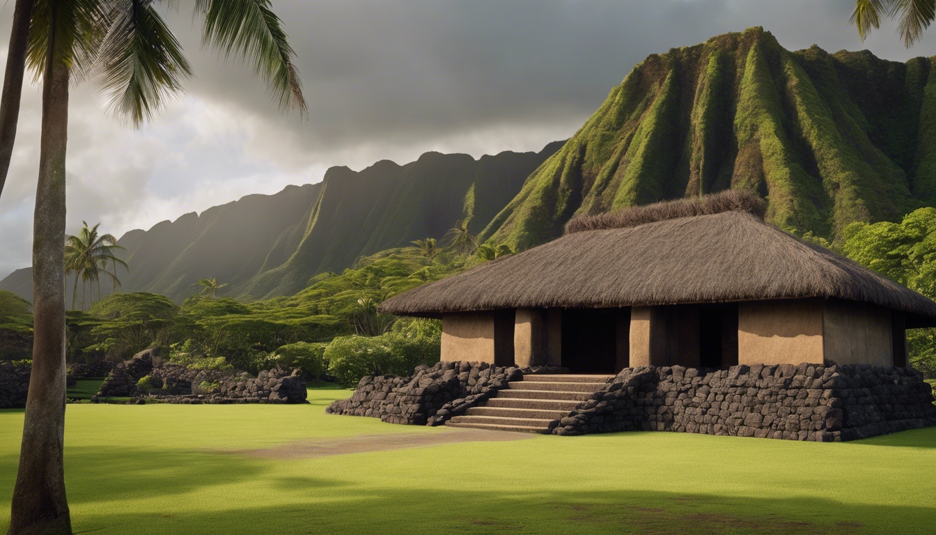 An ancient Hawaiian temple, or heiau, framed by rainforest and dramatic mountain backdrop. Sfondo[12c945452daa48929b08]
