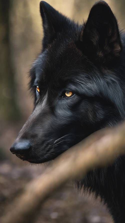 Eine Nahaufnahme des Auges eines schwarzen Wolfes, in dem sich die Wildnis widerspiegelt.