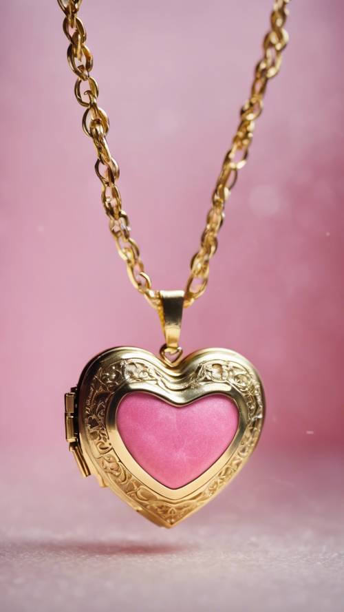 Un medallón rosa en forma de corazón con una cadena dorada.