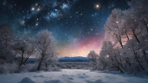 Die faszinierende Schönheit einer Galaxie, betrachtet von einer Winterlandschaft in einer klaren, sternenklaren Nacht.