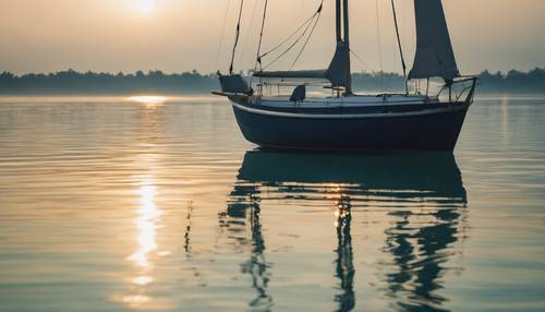 Perahu layar berwarna biru tua yang mengapung di laut hijau memantulkan sinar matahari pagi.