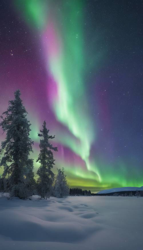 Uma noite mágica de inverno com aurora boreal dançando no céu.