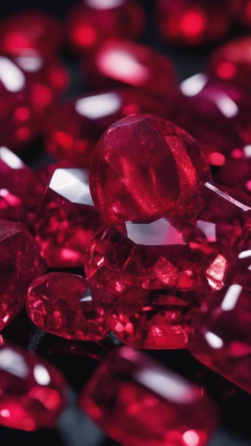 Крупный план мерцающего рубиново-красного блестящего конфетного камня на темном бархатном фоне.