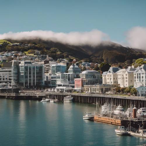 A striking skyline of Wellington waterfront framed by the charming Victorian architecture.