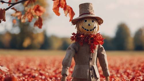 初秋，红叶飘落在田野里可爱的稻草人身上。