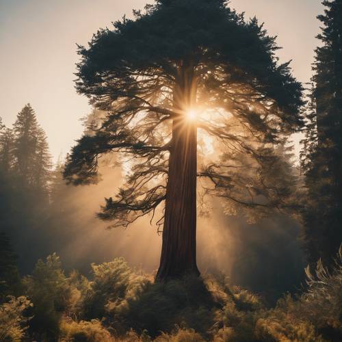 The sun rising behind a solitary, proud, gigantic redwood tree.